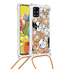 Funda Silicona Carcasa Goma Bling-Bling con Acollador Cordon Lanyard S02 para Samsung Galaxy A51 4G Oro