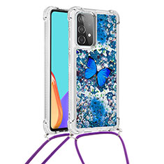 Funda Silicona Carcasa Goma Bling-Bling con Acollador Cordon Lanyard S02 para Samsung Galaxy A52 5G Azul