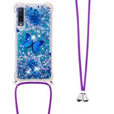 Funda Silicona Carcasa Goma Bling-Bling con Acollador Cordon Lanyard S02 para Samsung Galaxy A7 (2018) A750 Azul