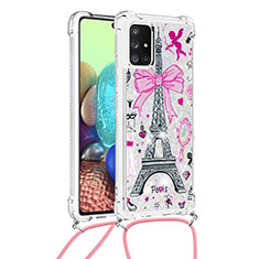 Funda Silicona Carcasa Goma Bling-Bling con Acollador Cordon Lanyard S02 para Samsung Galaxy A71 5G Rosa