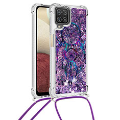 Funda Silicona Carcasa Goma Bling-Bling con Acollador Cordon Lanyard S02 para Samsung Galaxy F12 Morado