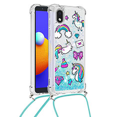 Funda Silicona Carcasa Goma Bling-Bling con Acollador Cordon Lanyard S02 para Samsung Galaxy M01 Core Azul Cielo