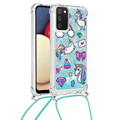 Funda Silicona Carcasa Goma Bling-Bling con Acollador Cordon Lanyard S02 para Samsung Galaxy M02s Azul Cielo