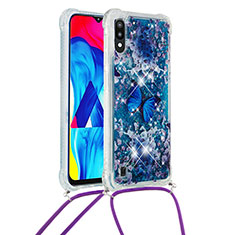 Funda Silicona Carcasa Goma Bling-Bling con Acollador Cordon Lanyard S02 para Samsung Galaxy M10 Azul