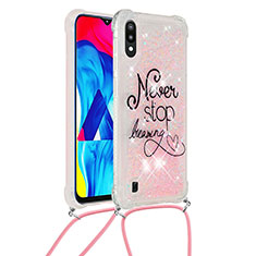 Funda Silicona Carcasa Goma Bling-Bling con Acollador Cordon Lanyard S02 para Samsung Galaxy M10 Rosa