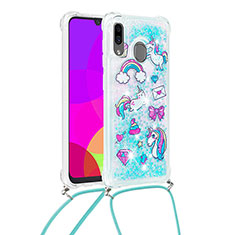 Funda Silicona Carcasa Goma Bling-Bling con Acollador Cordon Lanyard S02 para Samsung Galaxy M10S Azul Cielo