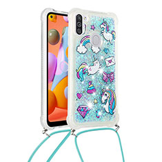 Funda Silicona Carcasa Goma Bling-Bling con Acollador Cordon Lanyard S02 para Samsung Galaxy M11 Azul Cielo