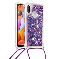 Funda Silicona Carcasa Goma Bling-Bling con Acollador Cordon Lanyard S02 para Samsung Galaxy M11 Morado