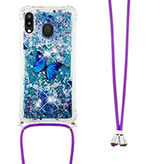 Funda Silicona Carcasa Goma Bling-Bling con Acollador Cordon Lanyard S02 para Samsung Galaxy M20 Azul