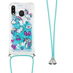 Funda Silicona Carcasa Goma Bling-Bling con Acollador Cordon Lanyard S02 para Samsung Galaxy M20 Azul Cielo