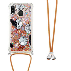 Funda Silicona Carcasa Goma Bling-Bling con Acollador Cordon Lanyard S02 para Samsung Galaxy M20 Oro