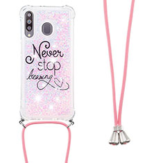 Funda Silicona Carcasa Goma Bling-Bling con Acollador Cordon Lanyard S02 para Samsung Galaxy M30 Rosa