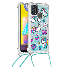 Funda Silicona Carcasa Goma Bling-Bling con Acollador Cordon Lanyard S02 para Samsung Galaxy M31 Azul Cielo