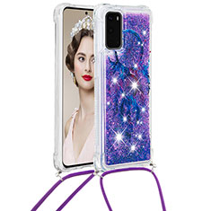 Funda Silicona Carcasa Goma Bling-Bling con Acollador Cordon Lanyard S02 para Samsung Galaxy S20 Morado