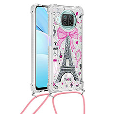 Funda Silicona Carcasa Goma Bling-Bling con Acollador Cordon Lanyard S02 para Xiaomi Mi 10i 5G Rosa