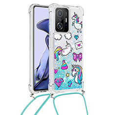 Funda Silicona Carcasa Goma Bling-Bling con Acollador Cordon Lanyard S02 para Xiaomi Mi 11T Pro 5G Azul Cielo