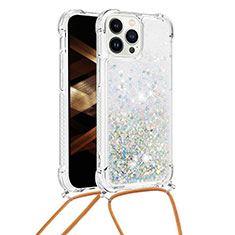 Funda Silicona Carcasa Goma Bling-Bling con Acollador Cordon Lanyard S03 para Apple iPhone 13 Pro Azul Claro