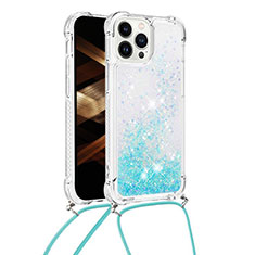 Funda Silicona Carcasa Goma Bling-Bling con Acollador Cordon Lanyard S03 para Apple iPhone 13 Pro Max Azul Cielo