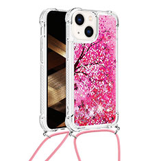 Funda Silicona Carcasa Goma Bling-Bling con Acollador Cordon Lanyard S03 para Apple iPhone 13 Rosa Roja