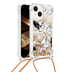 Funda Silicona Carcasa Goma Bling-Bling con Acollador Cordon Lanyard S03 para Apple iPhone 14 Oro