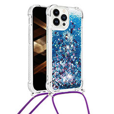 Funda Silicona Carcasa Goma Bling-Bling con Acollador Cordon Lanyard S03 para Apple iPhone 15 Pro Azul