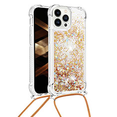 Funda Silicona Carcasa Goma Bling-Bling con Acollador Cordon Lanyard S03 para Apple iPhone 15 Pro Max Oro