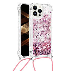 Funda Silicona Carcasa Goma Bling-Bling con Acollador Cordon Lanyard S03 para Apple iPhone 15 Pro Max Purpura Claro