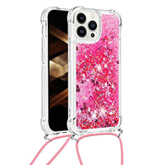 Funda Silicona Carcasa Goma Bling-Bling con Acollador Cordon Lanyard S03 para Apple iPhone 15 Pro Max Rojo