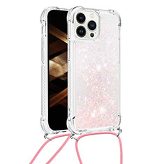 Funda Silicona Carcasa Goma Bling-Bling con Acollador Cordon Lanyard S03 para Apple iPhone 15 Pro Max Rosa