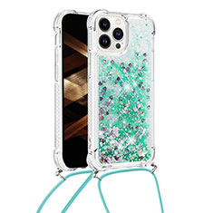 Funda Silicona Carcasa Goma Bling-Bling con Acollador Cordon Lanyard S03 para Apple iPhone 15 Pro Max Verde