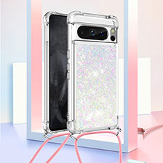 Funda Silicona Carcasa Goma Bling-Bling con Acollador Cordon Lanyard S03 para Google Pixel 8 Pro 5G Blanco