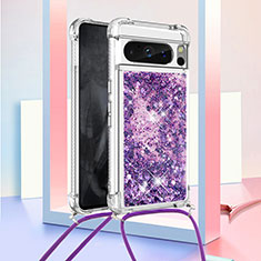 Funda Silicona Carcasa Goma Bling-Bling con Acollador Cordon Lanyard S03 para Google Pixel 8 Pro 5G Morado