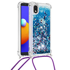 Funda Silicona Carcasa Goma Bling-Bling con Acollador Cordon Lanyard S03 para Samsung Galaxy A01 Core Azul