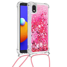 Funda Silicona Carcasa Goma Bling-Bling con Acollador Cordon Lanyard S03 para Samsung Galaxy A01 Core Rosa Roja