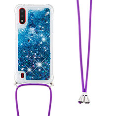 Funda Silicona Carcasa Goma Bling-Bling con Acollador Cordon Lanyard S03 para Samsung Galaxy A01 SM-A015 Azul