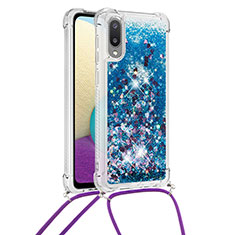 Funda Silicona Carcasa Goma Bling-Bling con Acollador Cordon Lanyard S03 para Samsung Galaxy A02 Azul