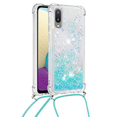 Funda Silicona Carcasa Goma Bling-Bling con Acollador Cordon Lanyard S03 para Samsung Galaxy A02 Azul Cielo