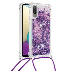 Funda Silicona Carcasa Goma Bling-Bling con Acollador Cordon Lanyard S03 para Samsung Galaxy A02 Morado