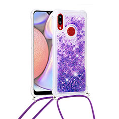 Funda Silicona Carcasa Goma Bling-Bling con Acollador Cordon Lanyard S03 para Samsung Galaxy A10s Morado