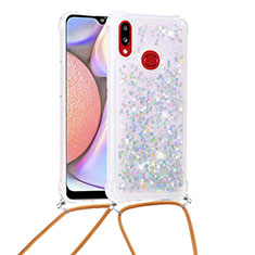 Funda Silicona Carcasa Goma Bling-Bling con Acollador Cordon Lanyard S03 para Samsung Galaxy A10s Plata