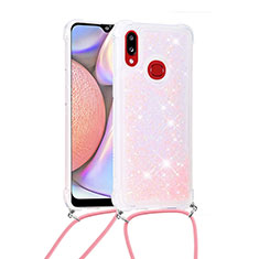 Funda Silicona Carcasa Goma Bling-Bling con Acollador Cordon Lanyard S03 para Samsung Galaxy A10s Rosa