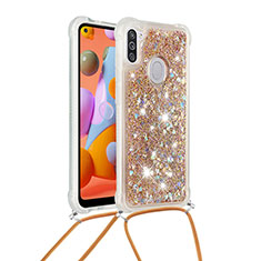 Funda Silicona Carcasa Goma Bling-Bling con Acollador Cordon Lanyard S03 para Samsung Galaxy A11 Oro