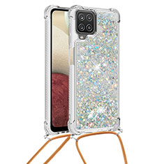 Funda Silicona Carcasa Goma Bling-Bling con Acollador Cordon Lanyard S03 para Samsung Galaxy A12 Nacho Plata