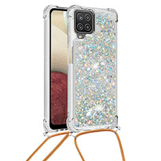 Funda Silicona Carcasa Goma Bling-Bling con Acollador Cordon Lanyard S03 para Samsung Galaxy A12 Plata