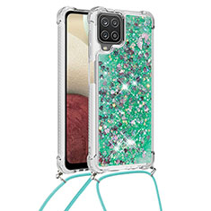 Funda Silicona Carcasa Goma Bling-Bling con Acollador Cordon Lanyard S03 para Samsung Galaxy A12 Verde