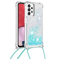 Funda Silicona Carcasa Goma Bling-Bling con Acollador Cordon Lanyard S03 para Samsung Galaxy A13 4G Azul Cielo