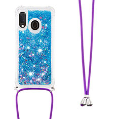 Funda Silicona Carcasa Goma Bling-Bling con Acollador Cordon Lanyard S03 para Samsung Galaxy A20e Azul