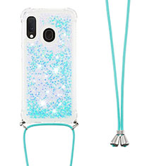 Funda Silicona Carcasa Goma Bling-Bling con Acollador Cordon Lanyard S03 para Samsung Galaxy A20e Azul Cielo