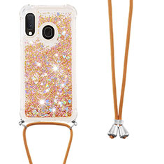 Funda Silicona Carcasa Goma Bling-Bling con Acollador Cordon Lanyard S03 para Samsung Galaxy A20e Oro