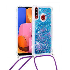 Funda Silicona Carcasa Goma Bling-Bling con Acollador Cordon Lanyard S03 para Samsung Galaxy A20s Azul